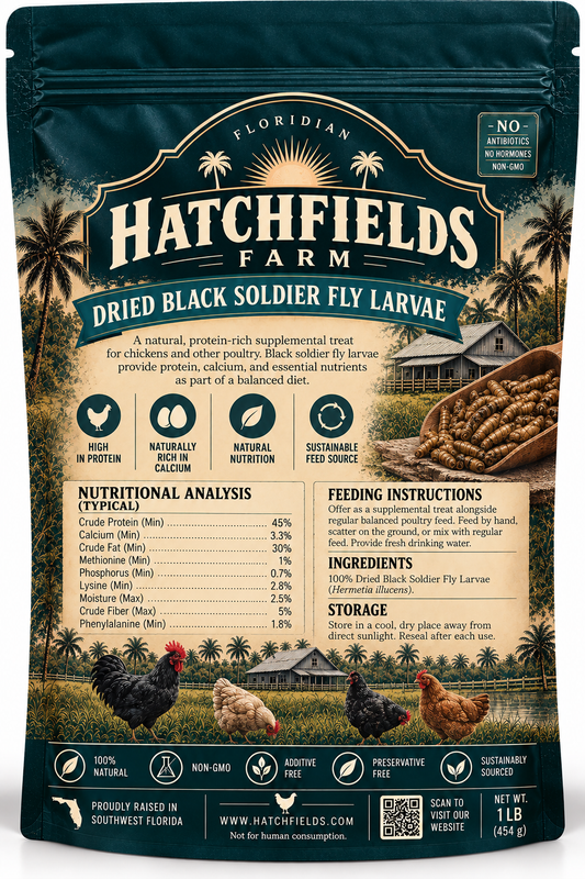 Hatchfields Farm Dried Black Soldier Fly Larvae 2 lb bag, back label