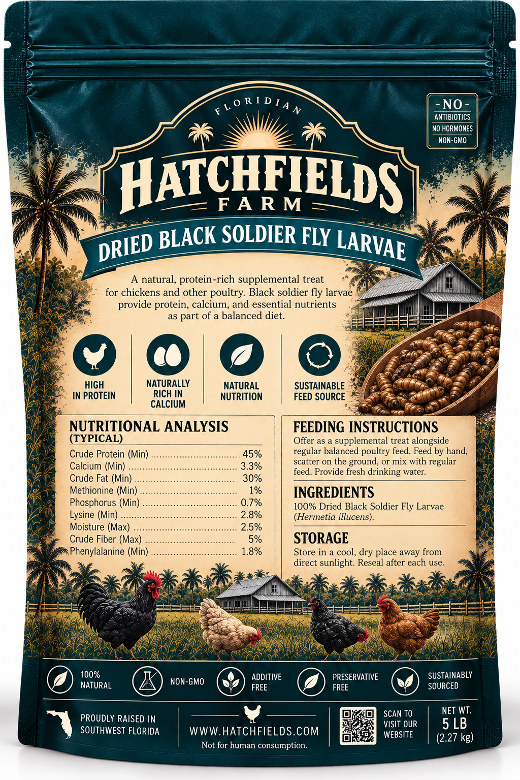 Hatchfields Farm Dried Black Soldier Fly Larvae 5 lb bag, back label