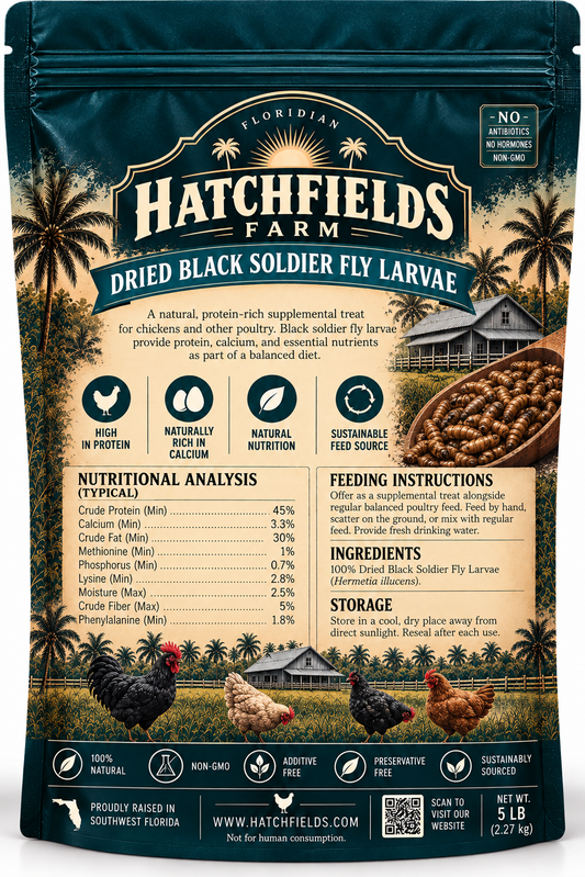 Hatchfields Farm Dried Black Soldier Fly Larvae 5 lb bag, back label