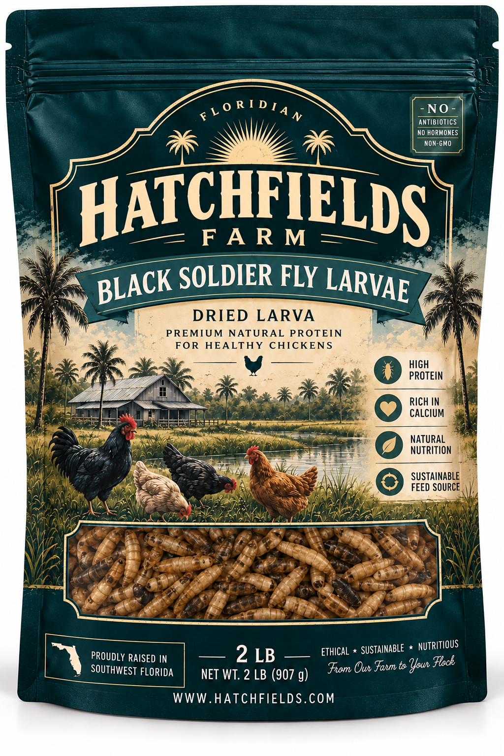 Hatchfields Farm Dried Black Soldier Fly Larvae 2 lb bag, front