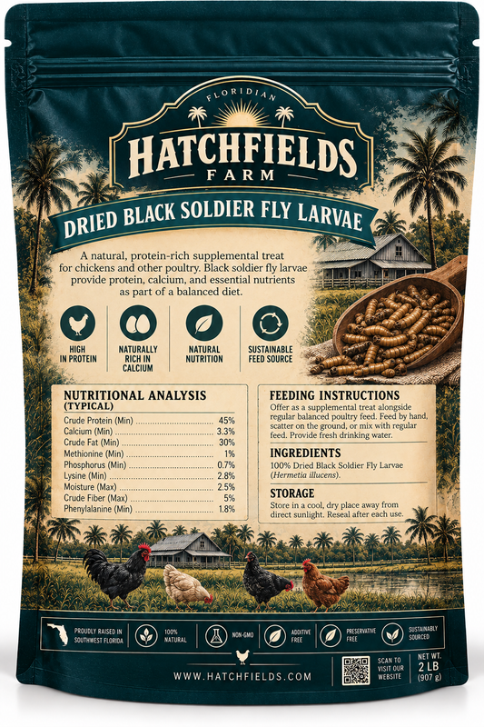 Hatchfields Farm Dried Black Soldier Fly Larvae 1 lb bag, back label