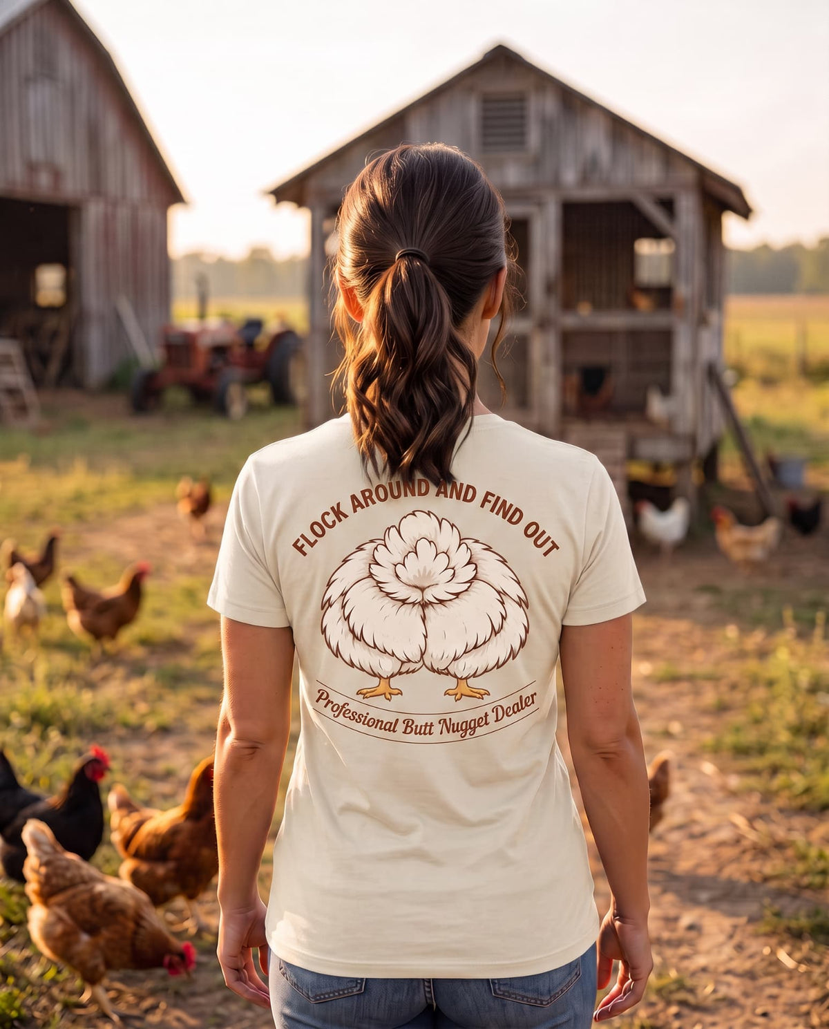 Cream Flock Around and Find Out women's tee, back print on model at the barn
