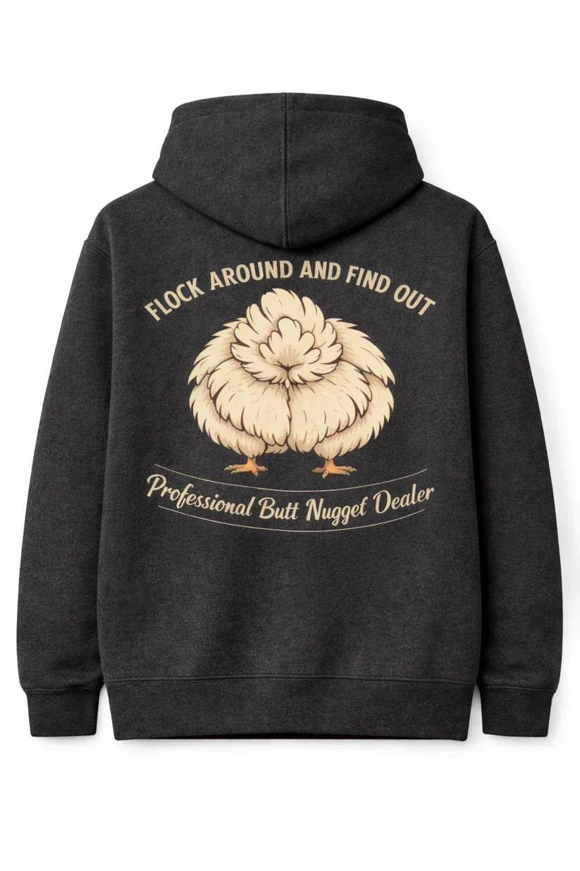 Dark Heather Grey hoodie flat lay back with full silkie graphic