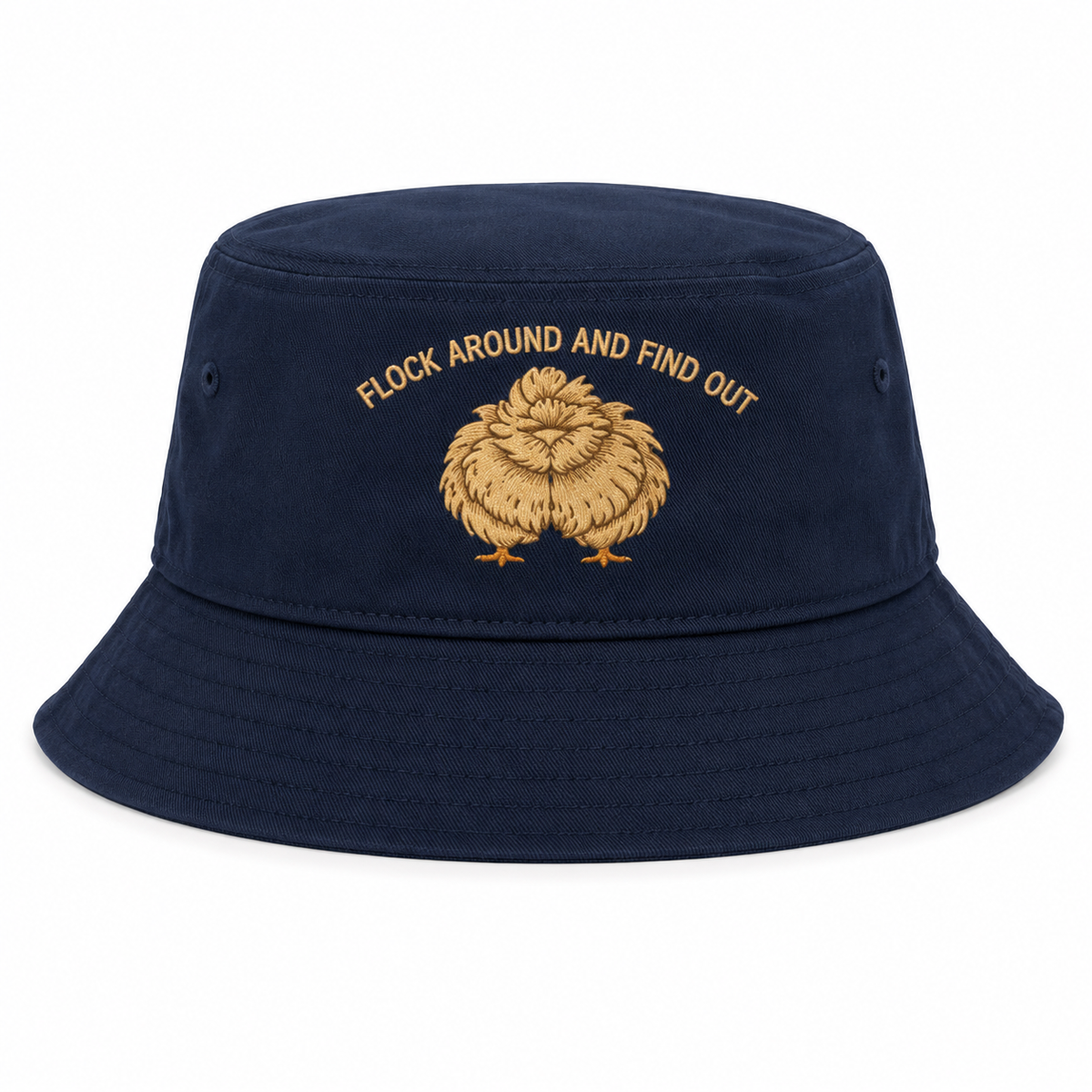 Flock Around and Find Out navy bucket hat with gold embroidered silkie hen