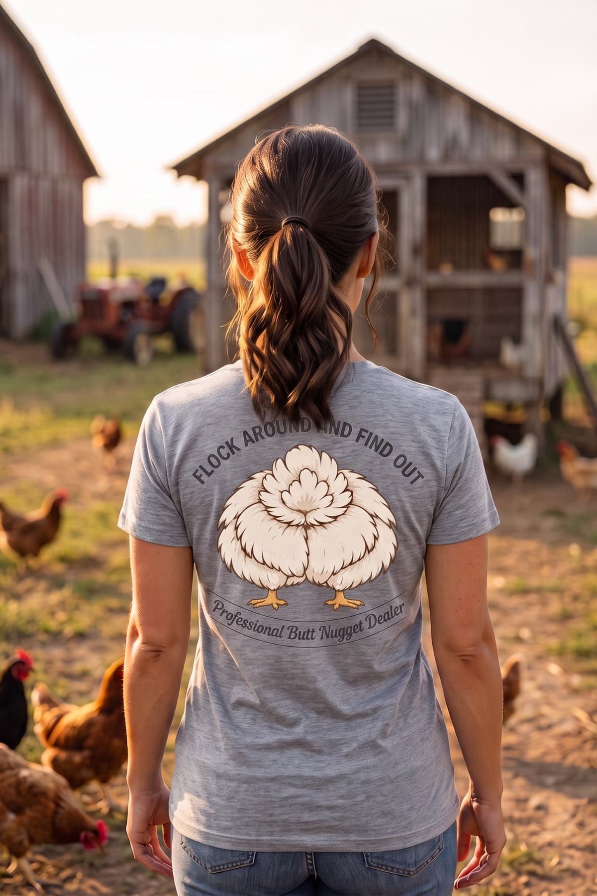 Model wearing heather grey v-neck tee, back view with full charcoal emblem
