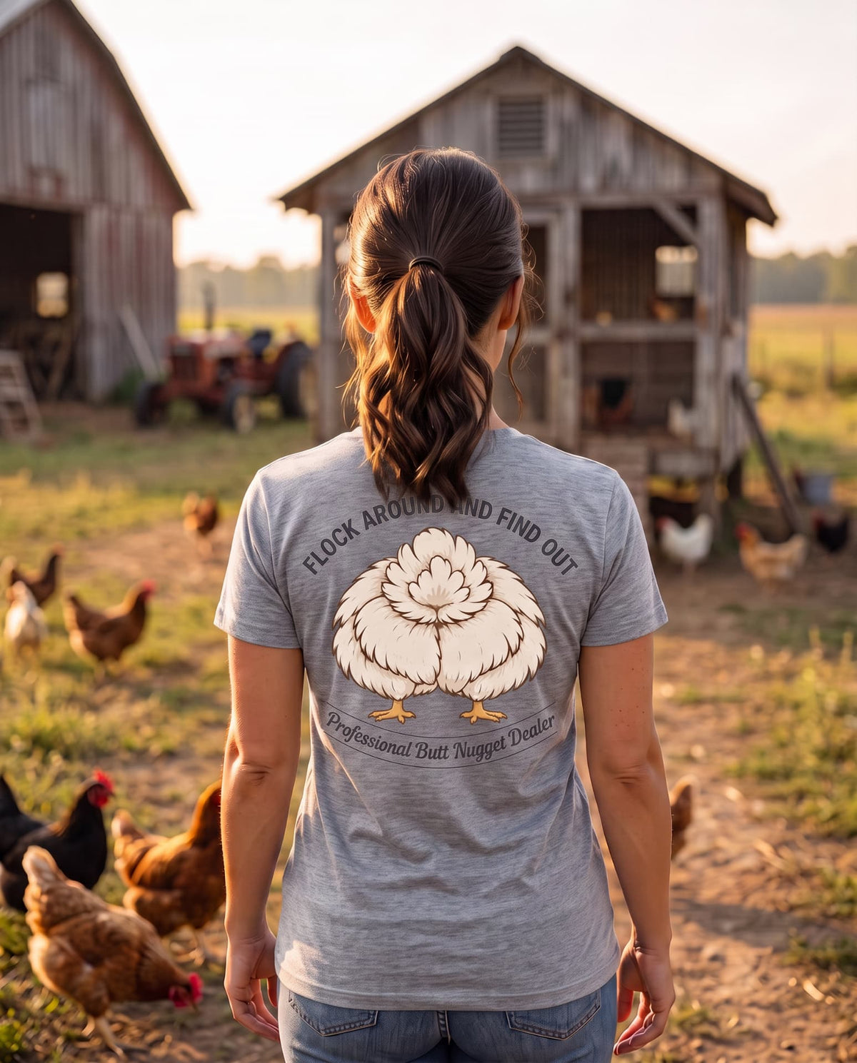 Back view of grey heather Flock Around and Find Out tee on model at the coop