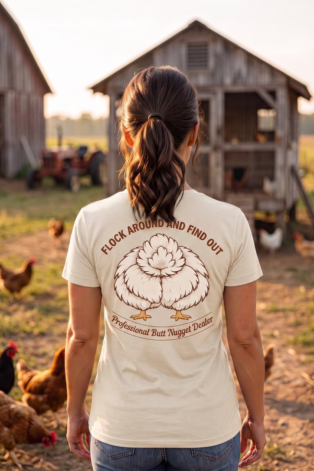 Ivory v-neck tee on model, back