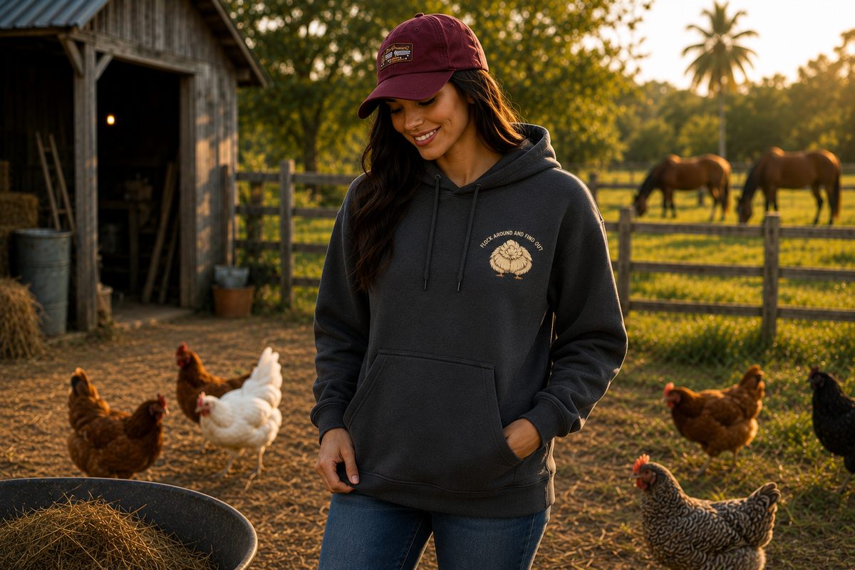 Woman wearing Dark Heather Grey Flock Around and Find Out hoodie with chest logo on the farm