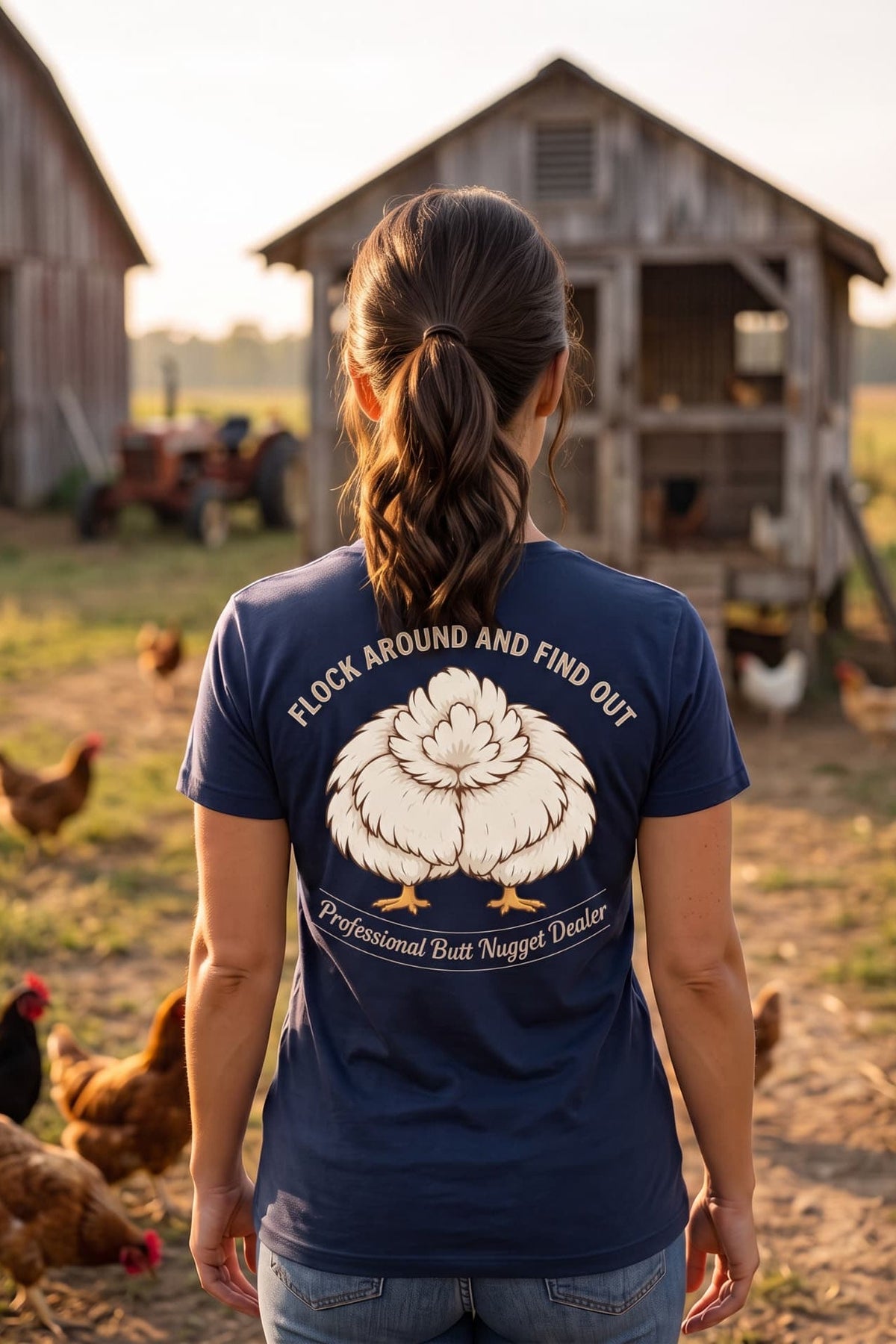Model wearing navy v-neck tee back view showing full chicken graphic