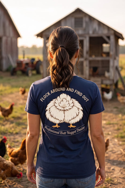 Model wearing navy v-neck tee back view showing full chicken graphic