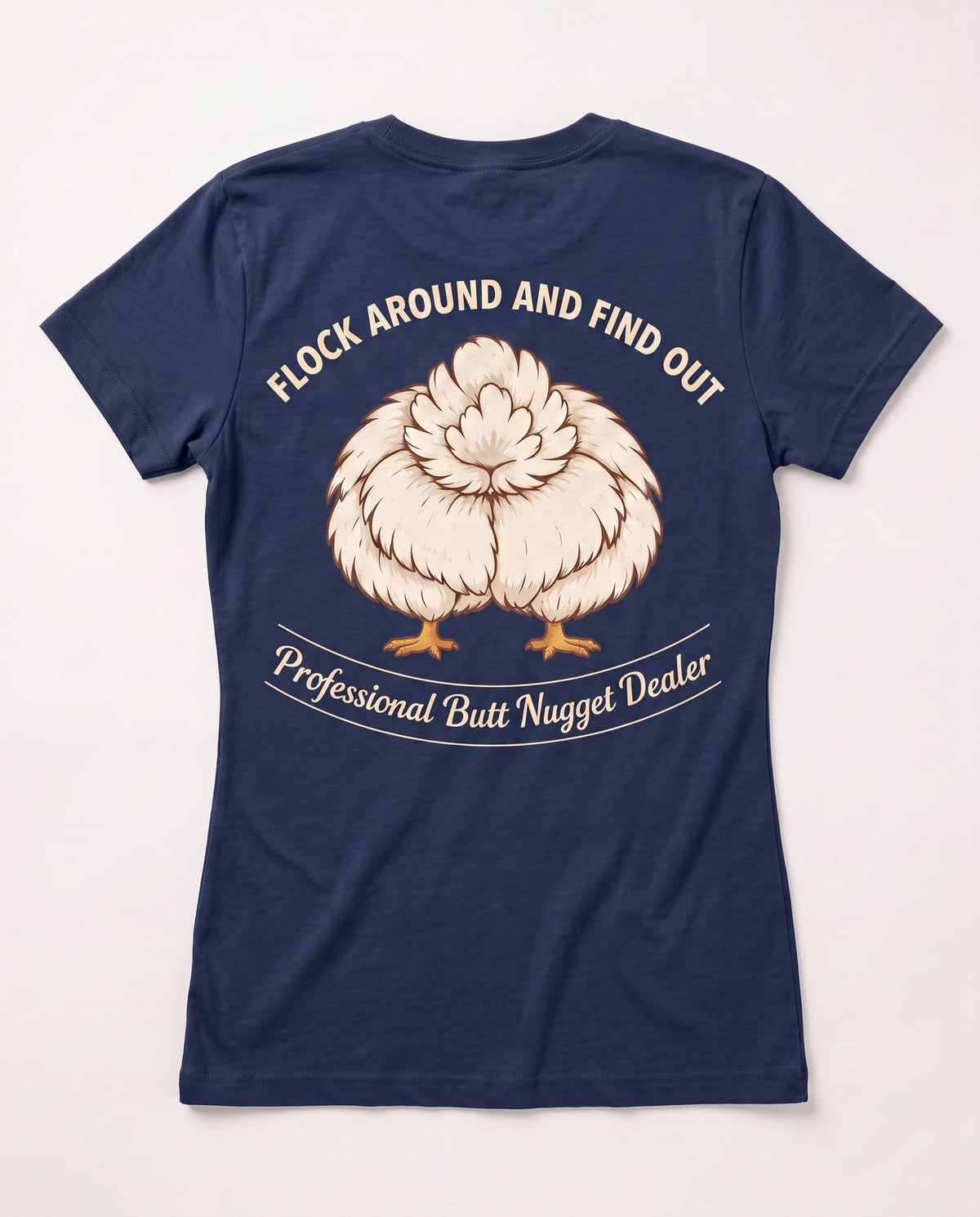 Navy v-neck tee flat lay back with fluffy chicken Professional Butt Nugget Dealer graphic