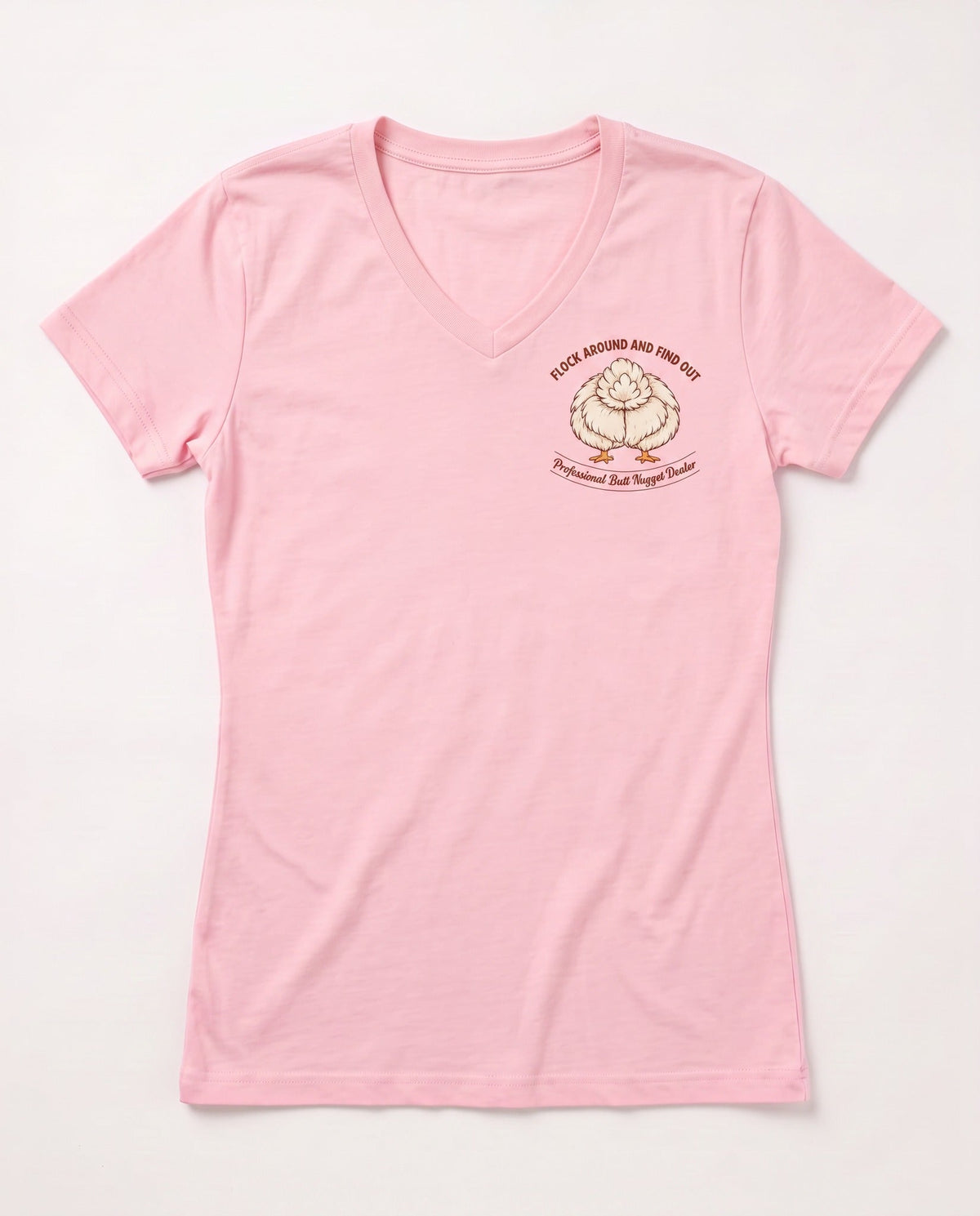 Flock Around and Find Out v-neck tee in light pink, flat front