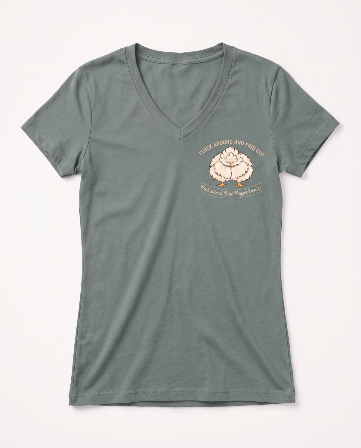 Flock Around and Find Out v-neck tee in sage, flat front