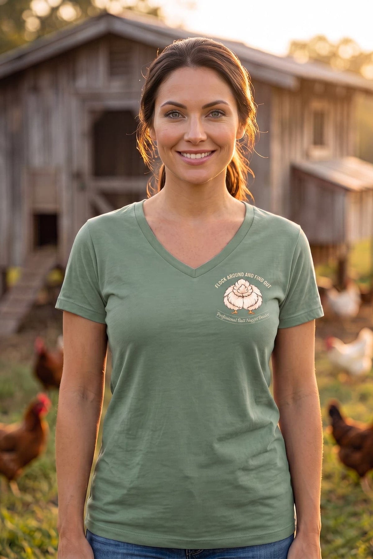 Sage v-neck tee on model, front